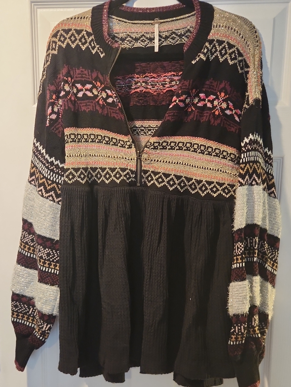 Black Patterned Women's Knit Sweater with Multicolor Accents